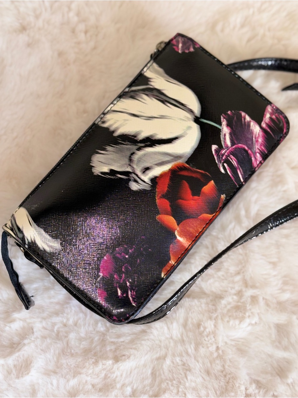 Nine West Floral Zip Mini Shoulder Purse- Black with Red Rose Print - Picture 4 of 16